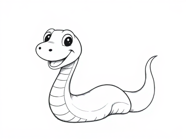 A high-quality, clear sketch of a happy cartoon-style snake with clean and bold outlines. The snake is in a full body view and is set against a plain white background. The image is designed for a children's coloring book and has no shading or colors. The lines are smooth and continuous, and there are no shadows.