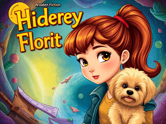 children's fiction book cover for girls aged 7-12, vibrant and colorful illustration, a mysterious fantasy world, young girl detective with long brown copper hair in ponytail with red ribbon and hazel eyes, hidden clues, whimsical elements, sense of adventure and intrigue. Near here is a small shaggy ream cavapoo. Realistic illustrative style