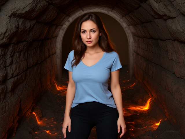 Brunette wearing a light blue t shirt and black leggings stuck in a basement with rising lava