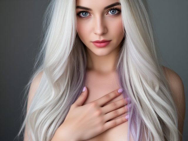 Female. Long white hair with purple highlights. Purple eyes. Placing her hand over her heart. Full body image