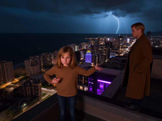 A petite 13-year-old girl with strawberry blonde hair, wearing a pullover and jeans, is standing on the roof ledge of a night club. Next to her on the roof, standing nearby is a modern-day, pale skinned vampire in his late twenties, with blonde hair, dressed in a brown trench coat and jeans. He appears uneasy as he looks at her. The girl gestures angrily at him, flailing her arms outwards behind her.. A thunderstorm approaches the cityscape from the sea shore. Set at night.