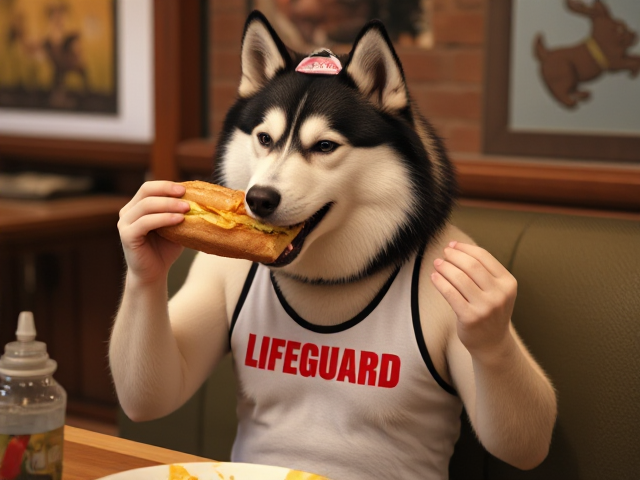 A anthropomorphic Alaskan malamute wearing a lifeguard one piece swimsuit eating a sub sandwich
