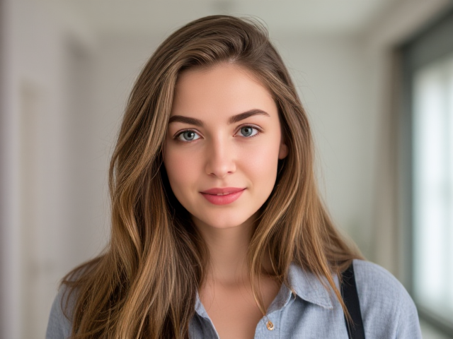 a lean early twenties casually-dressed brown-haired woman with thick eyebrows