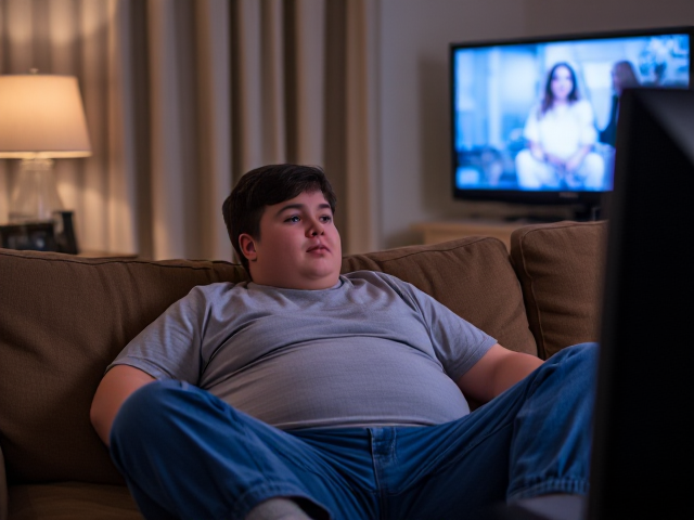 Une adolescente de 15 ans en surpoids regardant la TV sur le canapé