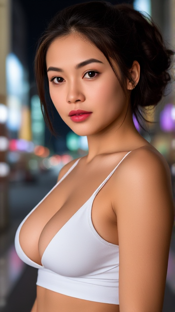 A serene photograph of a pilipina woman with brown eyes, with vibrant raven hair loose updo,andlightskininafaircomplexion, she is standing,. She gazes peacefully at the camera, wearing a low-cut, white thin top