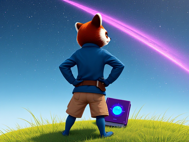 A back shot of A stylized red panda character named Pilo looking over his shoulder, standing confidently on a grassy hillside under a starry sky with a vivid purple comet streaking across it. Pilo has oversized, floppy ears and expressive eyes, wearing a blue long sleved adventuring shirt and beige cargo shorts and blue gloves. He stands with both hands on his hips in a proud, curious pose (arms arched outward like '>'). Next to him or slung to his side is a futuristic holo book with a glowing purple cover and a blue orb embedded in the center. The book emits a faint bluish glow, hinting at hidden knowledge. The setting is bright and open, with soft wind blowing through the grass, and the sky dominates the background. Fantasy-sci-fi blend, whimsical and adventurous tone, highly detailed, painterly style, cinematic lighting.