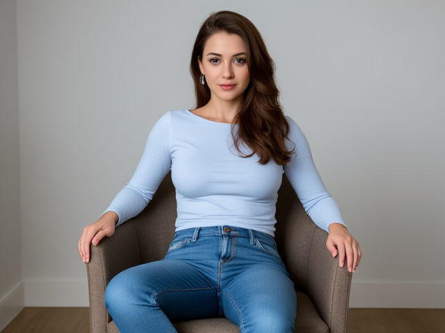 Brunette actress with brown hair wearing a light blue long sleeve top and blue jeans full body view on a chair