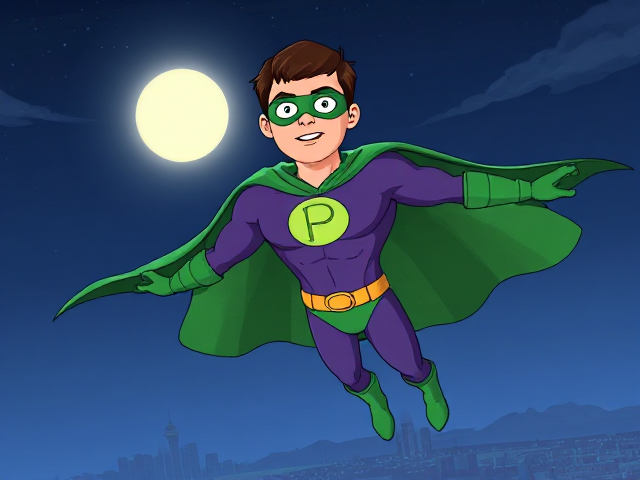 Cartoon scene: A young, Autistic 25-year old boy with light skin and flat, smooth, and slick brown hair named T.J. Granger, but transformed into a genetically-altered superhero named Powerman, who, despite still being a young adult kid, has an extremely muscular body. He wears a sleek purple suit with a green P symbol on his chest, a gold belt with a circular buckle, green briefs, green boots, green long-cuffed gloves, a really big, toe-length long, ultra-wide green cape wreathed around his neck, and a green eye mask that protects his true identity. He also has incredible and invincible superpowers flowing through his veins. In this scene, Powerman is currently flying through the sky high above Seattle, searching for trouble.