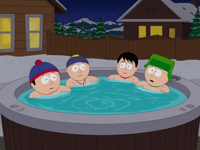 Eric Cartman and his friends sitting in a hot tub at night
