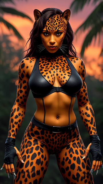 Une féroce hybride femme-leopard. Elle a un corps élégant et athlétique avec des taches de léopard orange et noires sur sa peau se mélangeant aux traits humains. Son visage a des yeux perçants et félins, des pommettes saillantes et des canines légèrement allongées. Elle porte une tenue de combat moulante et moderne qui met en valeur sa carrure musclée, avec des doigts griffus et des jambes digitigrades se terminant par des pattes de léopard. et son expression est celle d'une détermination féroce. L'atmosphère est électrique, capturant la force et l'agilité primitives d'un léopard fusionnées avec un guerrier humain.
 Son regard intense suggère la détermination et la soif de victoire.
Décor : une jungle colorée et lumineuse au crépuscule