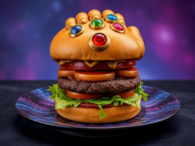 A hyper-realistic hamburger designed to look like the Infinity Gauntlet, complete with colorful gemstone-like toppings resembling the Infinity Stones, served on a cosmic-themed plate