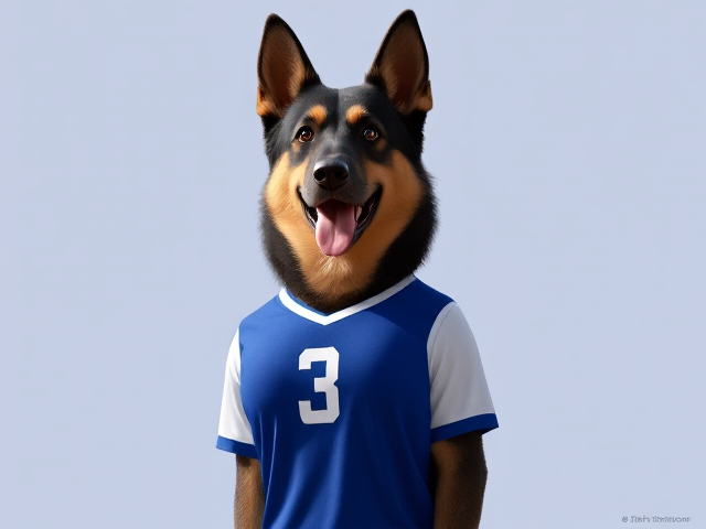 A anthropomorphic German shepherd with a long torso wearing her volleyball uniform