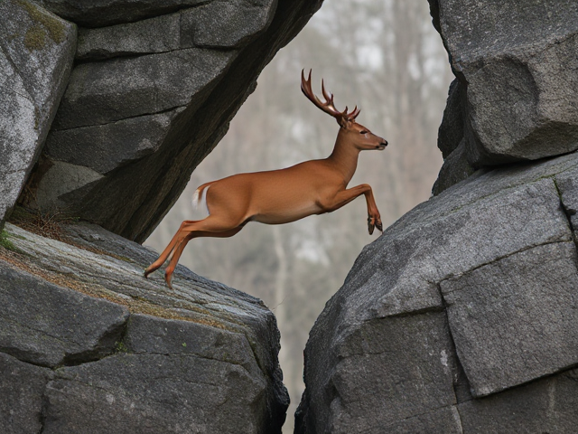 deer leaping over rocky gap