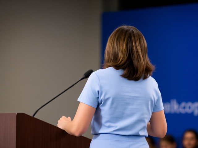 Brunette female politician, wearing a light blue t-shirt and skirt of the same shade, energetically speaking at a podium