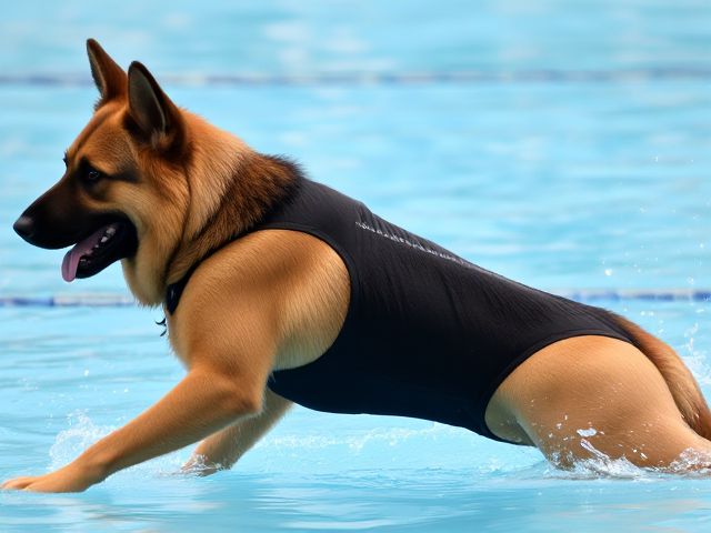 A anthropomorphic long haired German shepherd competitive swimmer wearing a high cut one piece swimsuit