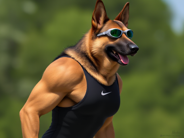 A tall anthropomorphic German shepherd with a long torso and broad shoulders wearing a high cut Nike one piece swimsuit and swimming goggles