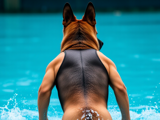 Anthropomorphic German shepherd with highly detailed fur, wearing a sleek modern water polo swimsuit, showcasing a strong and athletic physique in a dynamic action pose, utilizing vibrant colors with sharp focus throughout the image