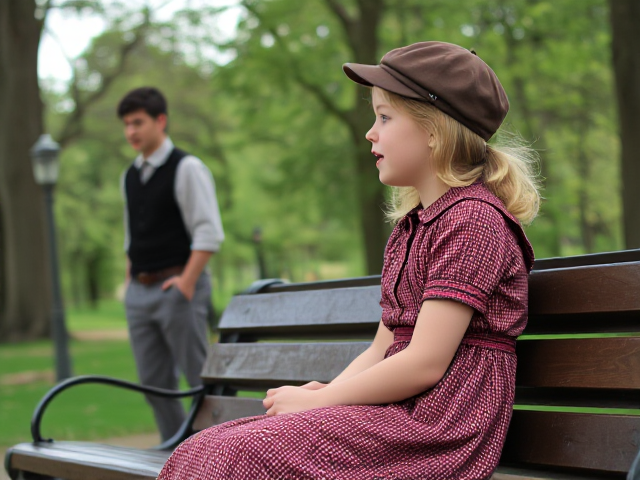 young blonde girl age 8 sitting on park bench singing, wearing vintage 1940 clothing, sideview, with young man vintage clothing appraoching from behind her