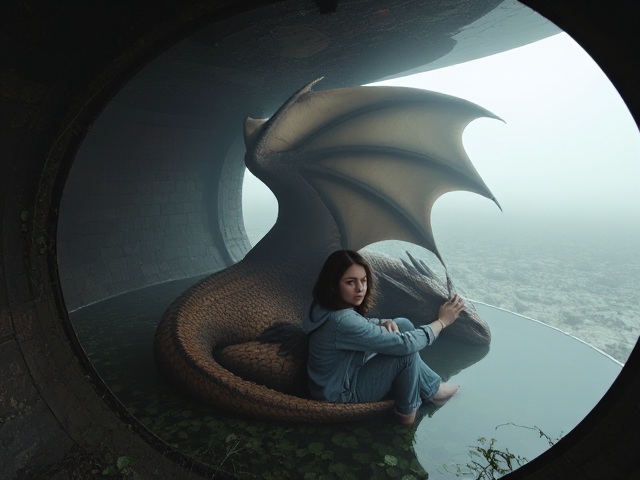 cylinder-shaped Isolation tank completely filled with water; ancient and untouched for thousands of years; located in an isolated, desolate landscape surrounded by rugged terrain; contains a majestic brown and black female dragon with intricate scales and enormous wings that press against the tank walls, curled up and floating, and fast asleep in a tranquil state; recently uncovered by a young woman with slightly wavy dark brown hair cascading to her shoulders, striking blue eyes full of wonder, wearing a well-worn jean jacket