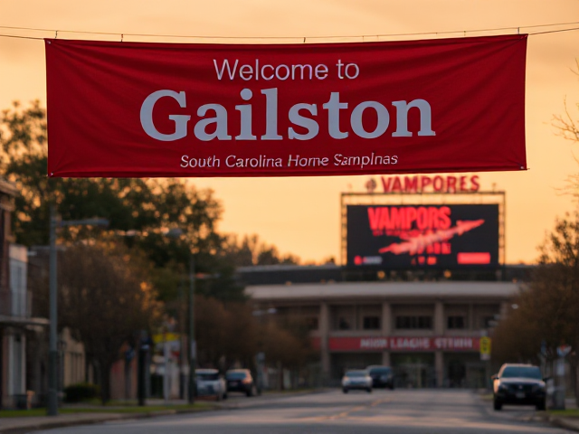 A hometown with a red banner with welcome to Gailston south Carolina home of the vampires written on it in white, and a minor league baseball stadium with vampires stadium billboard in red