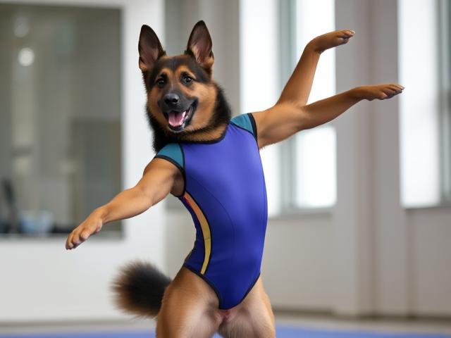 Gymnastics pose by a German shepherd wearing a colorful leotard, dynamic action, indoor setting, sharp focus, high detail