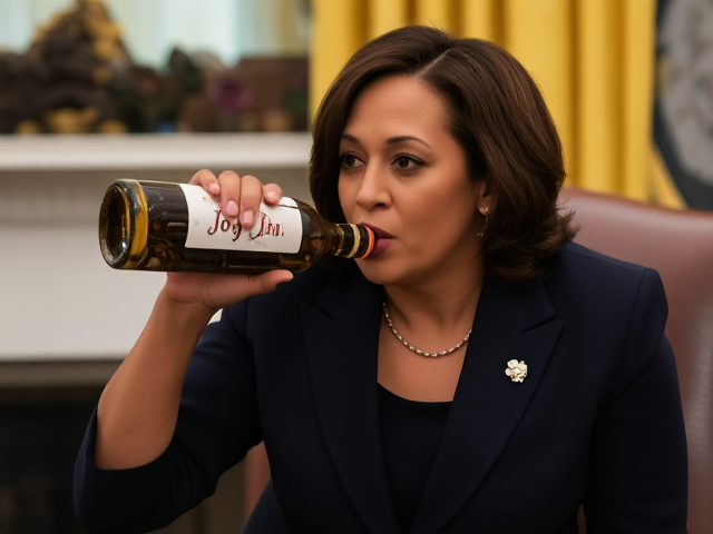Kamala Harris drinking a bottle of "Joy" in the oval office.