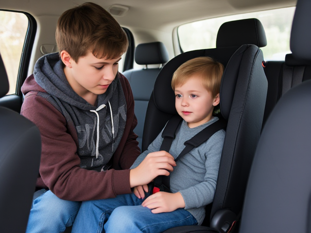 teenage boy wearing a hoodie and jeans carefully securing the straps of a child car seat around his 11-year-old little brother, inside a family car setting, natural light