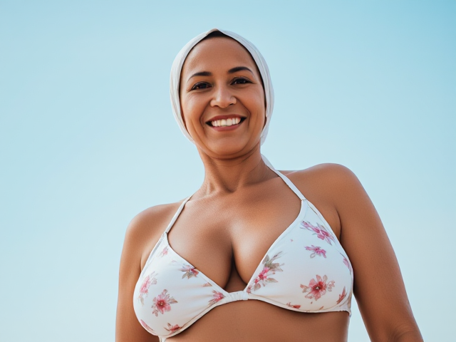 A confident and cheerful older woman wearing a hijab on her head, posing under a bright blue sky. She wears a white floral-patterned bikini top that exposes her curvy cleavage, exuding a warm and relaxed summer vibe. The setting is outdoors, with soft natural light enhancing her vibrant and friendly expression.
