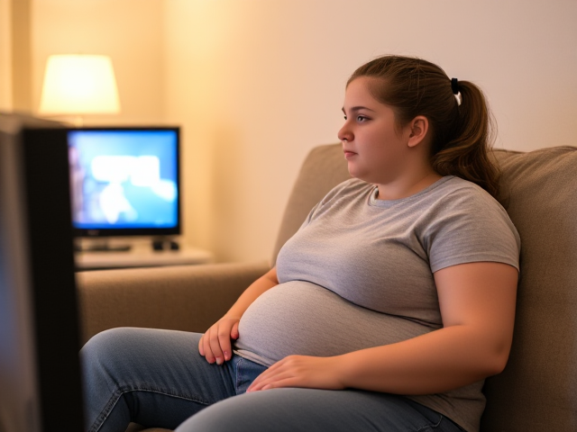 Une adolescente de 15 ans en surpoids regardant la TV sur le canapé fille