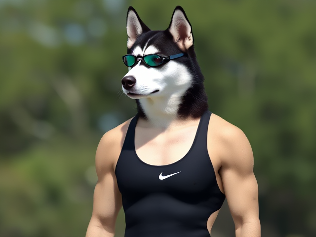 A tall Siberian Husky with a long torso and broad shoulders wearing a high cut Nike one piece swimsuit and swimming goggles