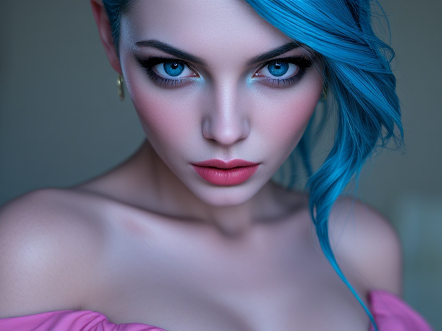 Create blue skin alien woman with blue hair  and wearing a pink dress realistic.