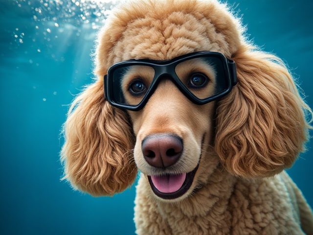 A majestic standard poodle wearing sleek, high-tech freediving goggles, showcasing ultra-detailed fur texture with individual strands visible. The fur displays vibrant colors with iridescent highlights. The poodle has a playful expression and sparkling eyes, set in an underwater scene filled with bubbles and sunbeams filtering through the water.