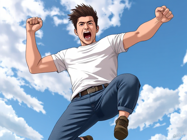Bulky adult Man with greaser haircut, jeans and white T-shirt jumping in the air with his fist out while he yells something