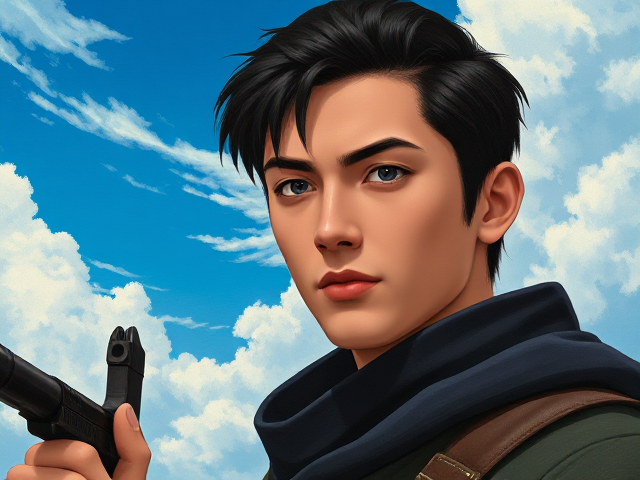 Generate an image/portrait of my a warhammer rpg character. He is a human, 25 years old, has black, bit greasy slicked back hair with a bit of unkept look. His eyes are pale grey. He is a hunter.