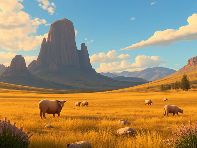 Une grande prairie avec un verger,  des moutons, un jour d’été