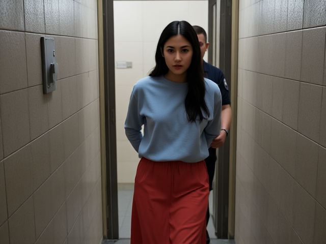 Thin brunette in her 20s with dark hair wearing a light blue sweatshirt and light red maxi skirt forcibly escorted in jail to a chamber by a man guard