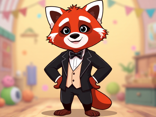 Cartoon red panda character in a stylish black tuxedo jacket, without pants, standing confidently, surrounded by a playful and vibrant background
