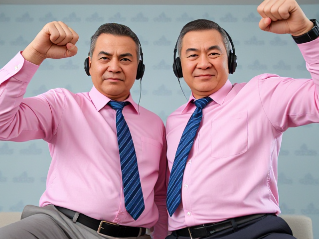 Close-up view of two fierce Japanese handsome old senior businessmen standing confidently. They have short haircuts and are stomping with one leg raised, arms raised in a dominant pose. They're wearing pink collared long-sleeve shirts with large blue striped ties, headphones on their ears, and smartwatches on their wrists. The background features Adidas logos as wallpaper. The perspective is from a low angle, emphasizing their conquering stance. Their faces display angry determination with frowned eyebrows, pursed lips, and clenched fists