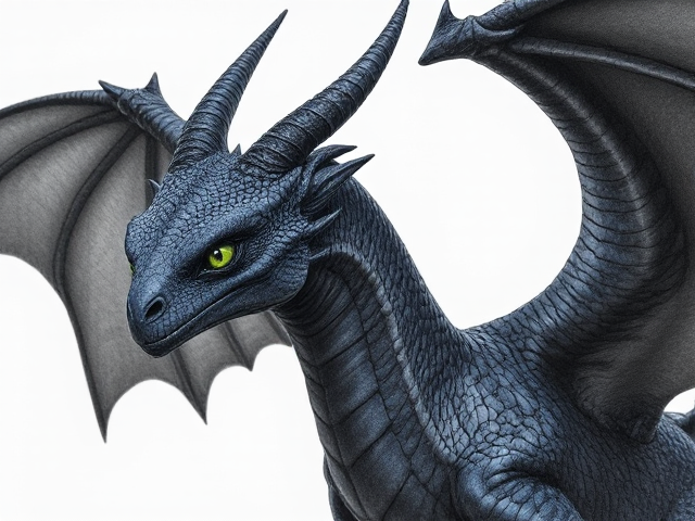 young female dragon that had midnight blue scales and dark obsidian-black wings. she had eyes that were green like poison ivy. she had a narrow, beautiful face, long, twisted horns, and was a great friend despite her sense of attempted maturity and seriousness. Her huge wingspan was as wider than herself, and she had a very long neck. she was cold-eyed and powerfully built, with scales that blend into the night. she moved maturely and purposefully