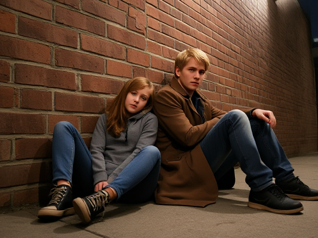 a petite, 13-year-old girl with strawberry blonde hair, wearing jeans and a hooded pullover, sits slumped with her back against a brick wall, feet forward, legs outstretched. Next to her sits a modern-day male vampire, 28 years old, with pale skin and blonde hair, dressed in jeans and a brown trenchcoat. The vampire is slumped against the wall as well, feet forwards, legs outstretched. The girl has a forlorn look and rests her head on the vampire's shoulder. Set at night in an abandoned warehouse, in a holding room with no windows. The vampire is roughed up from a fight. Both have their backs against the wall. 
The vampire looks straight ahead, worried..