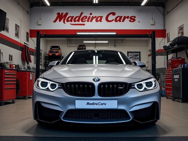 Peut tu faire un grand garage de mécanicien avec le nom du garage : ''Madeira Cars'' , et en plus une bmw m3 cs dans le garage, avec la plaque avant écrit Le nom du garage aussi. tous ça en image