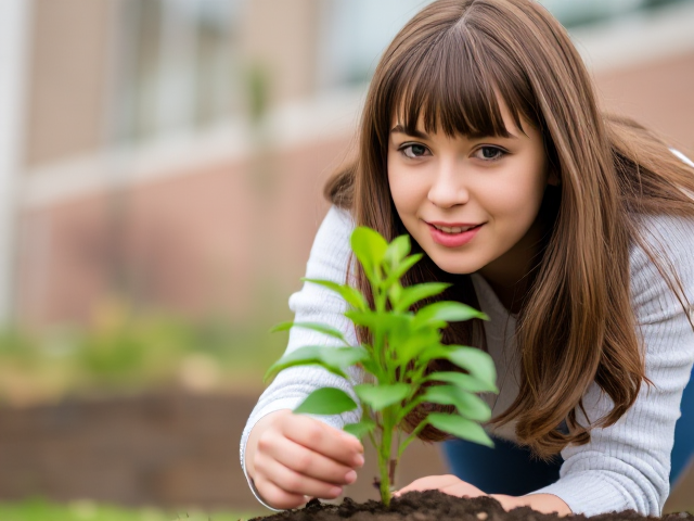 a thick-bodied preppy brown-haired college girl with a wide nose planting a plant