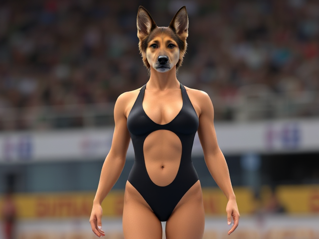 A anthropomorphic female German shepherd Olympic swimmer with a tall and muscular body with a long torso, long arms and short legs wearing a high cut swimsuit