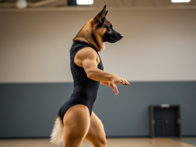 Anthropomorphic German shepherd, athletic build, wearing a gymnastics leotard, performing in a gymnasium with strong lighting and detailed background