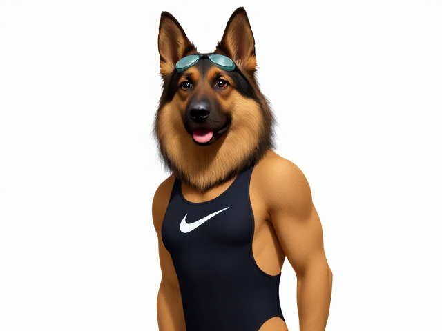 A tall anthropomorphic long haired German shepherd with a long torso and broad shoulders wearing a Nike high cut one piece swimsuit and swimming goggles