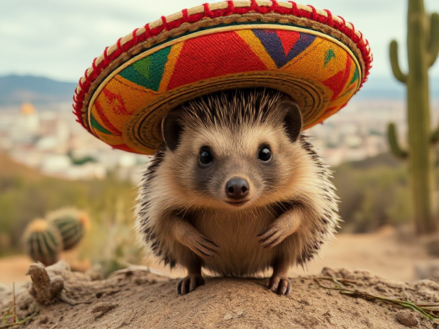 Choupisson portant un sombrero coloré, posé dans un décor de western mexicain avec cactus et désert, l'air déterminé et prêt à en découdre, en arrière plan la ville de metz. Plan cinématographique, colorimétrie a la Sergio leone