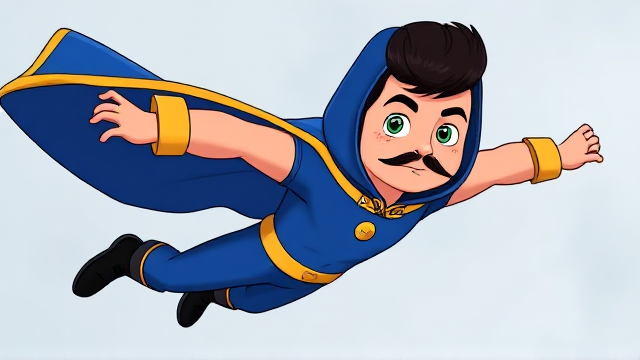 Cartoon scene: A preteen 12-year old boy with light skin and freckles on his cheeks named Kyle Lipton, but transformed into a superhero named Dr. Dimensionpants, who, despite still being a kid, has an extremely muscular body. He wears a tight blue hood outlined by a yellow line that covers the back half of his head and leaves his ears exposed, with a smooth, slicked back black mohawk on top. He also wears a sleek blue bodysuit outlined with yellow lines on the cuffs of the sleeves and pants, a golden belt with a circular buckle, black boots, and a really big, heel-length long, ultra-wide blue cape with a really big collar outlined with yellow lines wreathed around his neck held up by a golden button. The pupils in his eyes are green, and he has a long black twin moustache, which help protect his true identity in this form. He also has incredible, invincible, and cosmic superpowers flowing through his veins. He is currently flying through the sky high above Ganderville, the city he protects, searching for trouble.