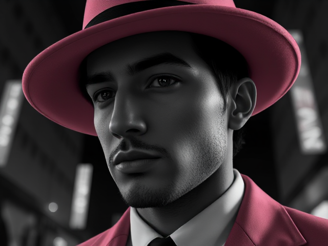A gentlemen in a pink hat full body black and white way zoomed out