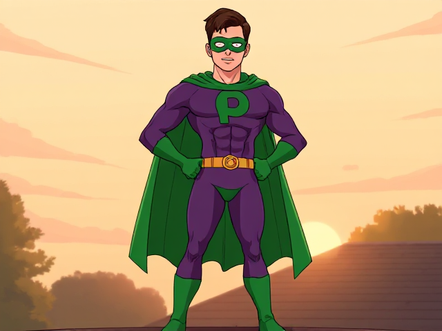 Dramatic Cartoon scene: A young, Autistic 25-year old boy with light skin and flat, smooth, and slick brown hair with a singular curled bang in the shape of a P sticking out at the front named T.J. Granger, but transformed into a genetically-altered superhero named Powerman, who, despite still being a young adult kid, has an extremely muscular body. He wears a sleek purple bodysuit with a green P symbol on his chest, a golden belt with a circular buckle, green briefs, green boots, green long-cuffed gloves, a really big, toe-length long, ultra-wide green cape wreathed around his neck, and a green eye mask that protects his true identity and also causes his pupils to magically disappear as his eyes glow an eerie white. He also has incredible and invincible superpowers flowing through his veins. In this scene, Powerman is currently standing on the roof of his house in the morning, ready for action.