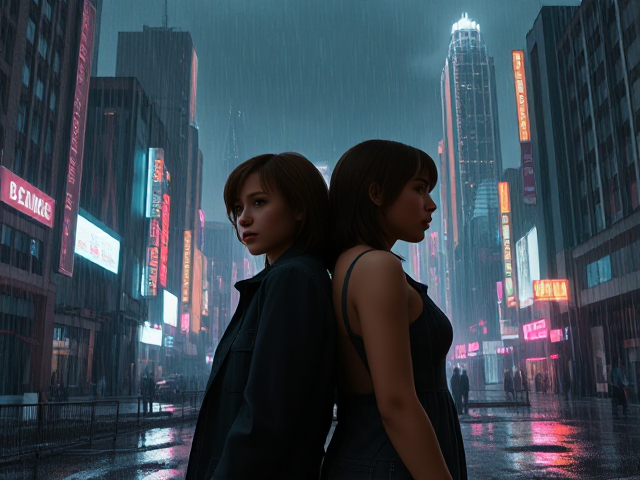 Create an image of two people standing infront of a destroyed neon city in the rain. Make one of them a 16 year old and the other one a 37 year old. Title it as That Day